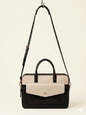 kate spade Black and Cream Two-Tone Leather Laptop Satchel with Strap
